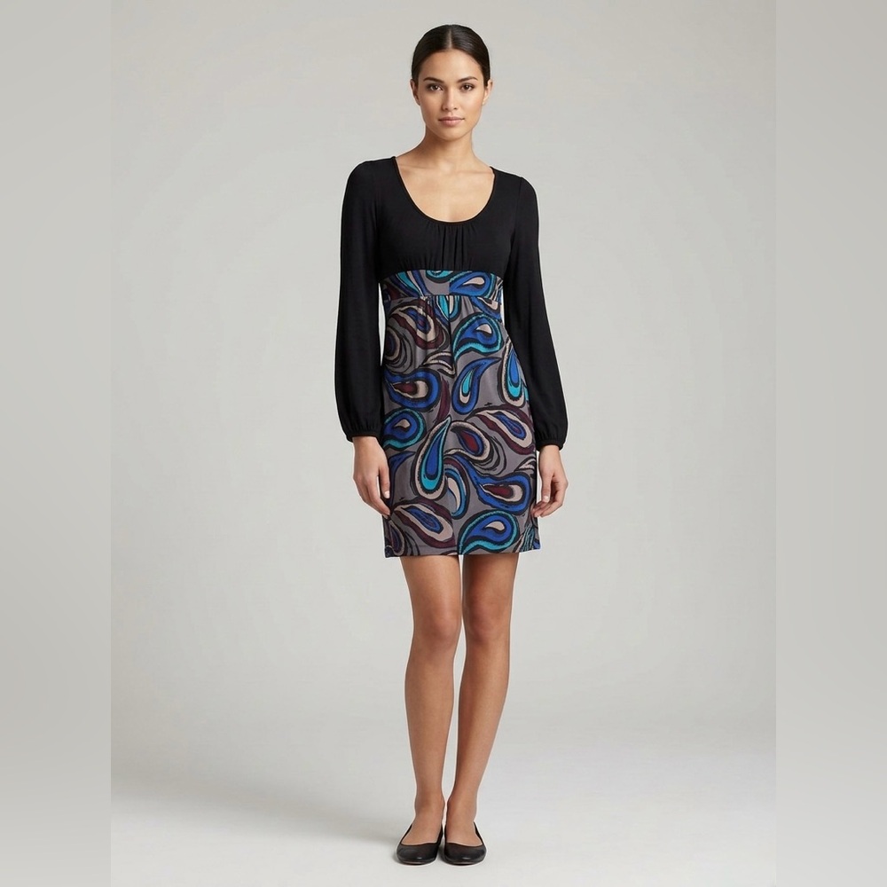 Trina Turk Sz 6 Silk Abstract Paisley Print Long Sleeve Empire Waist Mini Dress